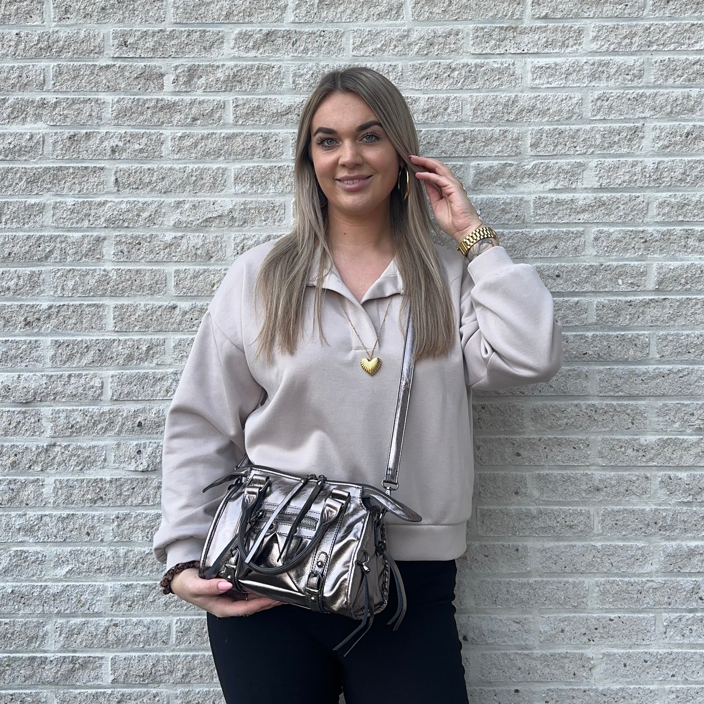 Liv Glowy Medium Tas - Glitter Donker Zilver