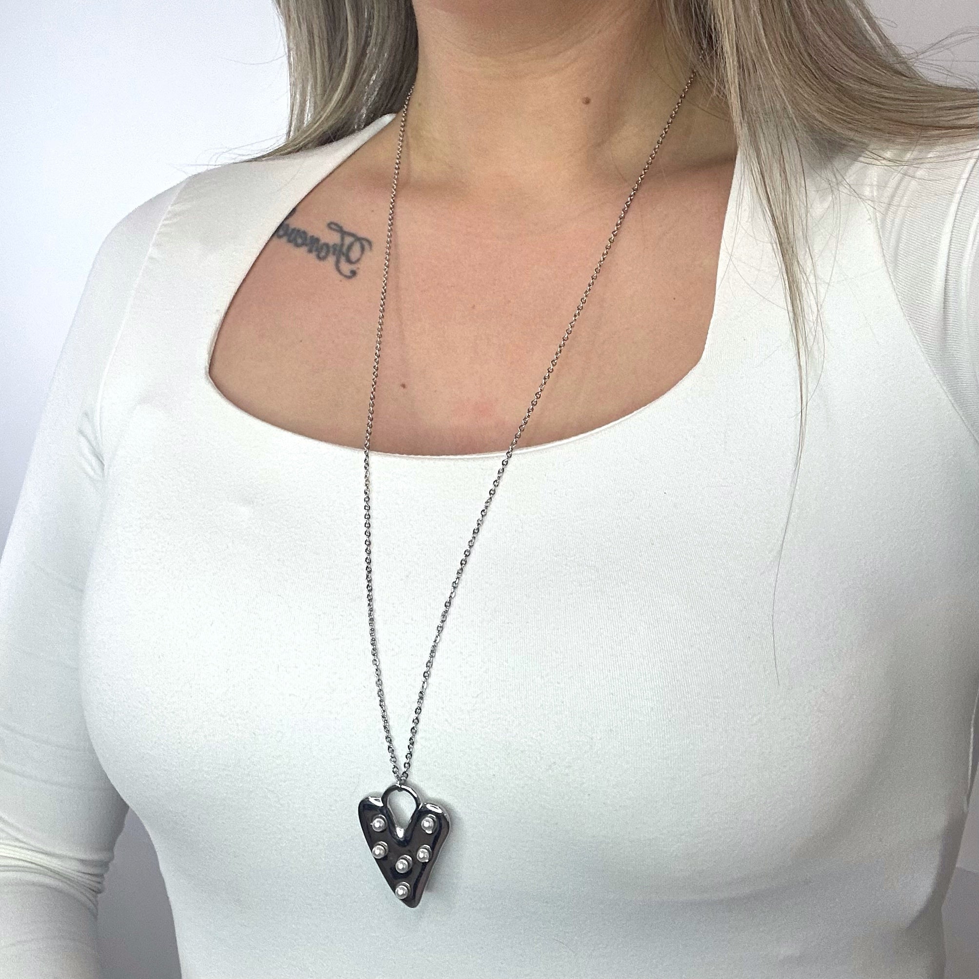 Parels Heart Necklace 80 cm - Silver