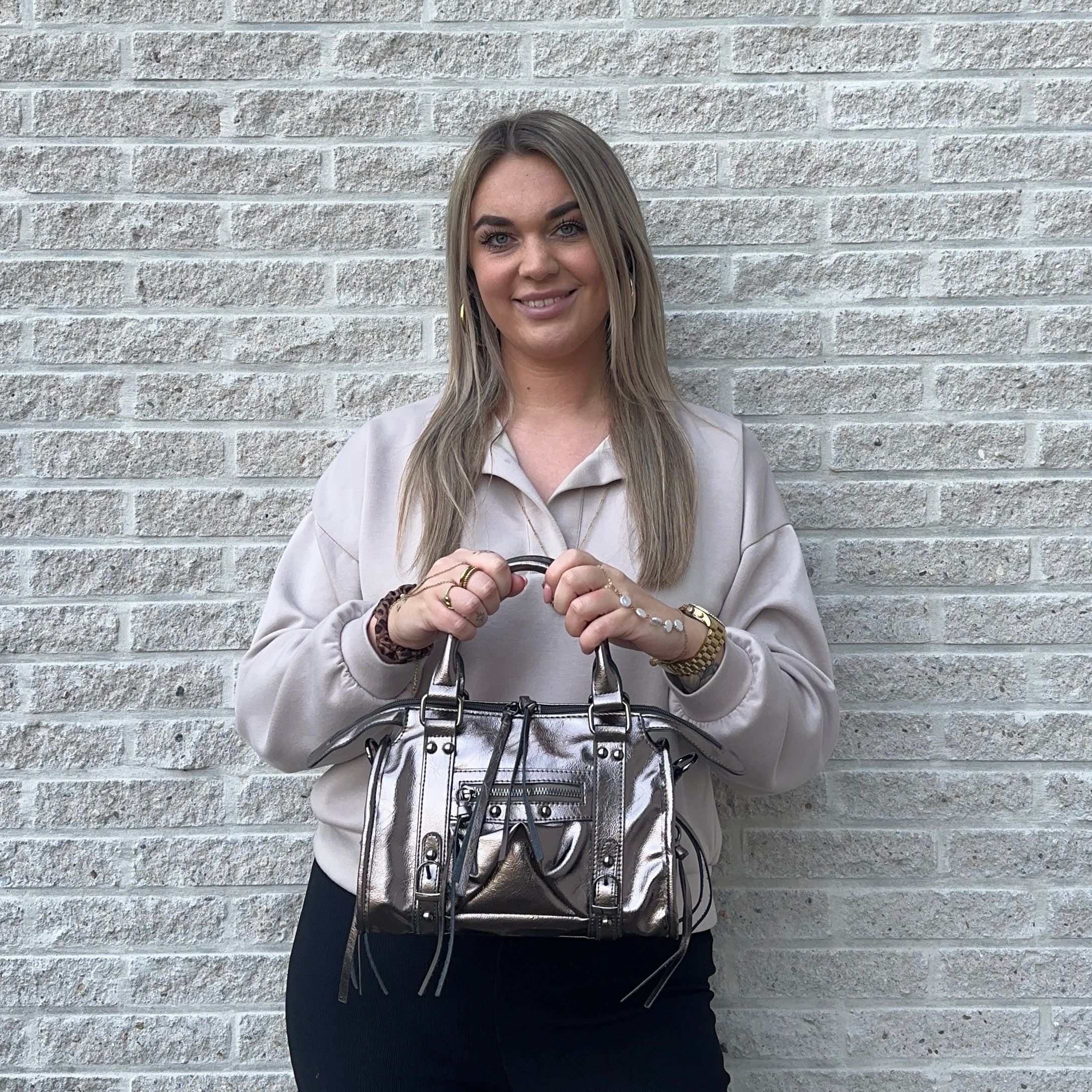 Liv Glowy Medium Tas - Glitter Donker Zilver