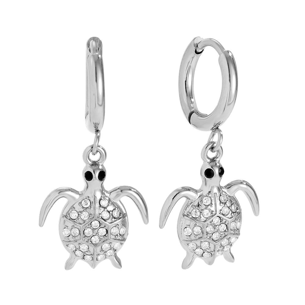 Diamond Turtle Earrings - Silver